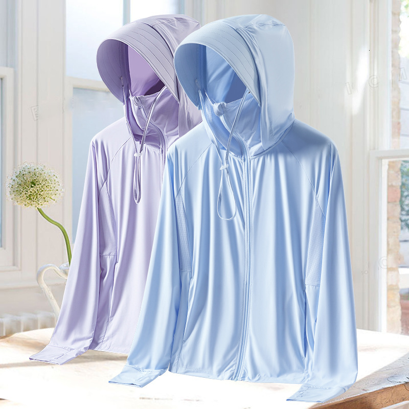 Outdoor Ice Silk Sun Protection Clothing Womens Summer Hooded Sun Protection Clothing Sun Shading Breathable Skin Clothing Mens Uv Resistant Fishing C