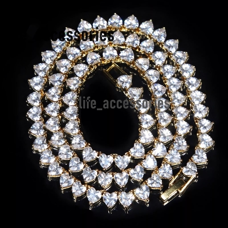 Hip Hop Jewelry Moissanite Tennis VVS DEF Heart Cut Sterling Silver Plated 14k Gold Moissanite Tennis Chain