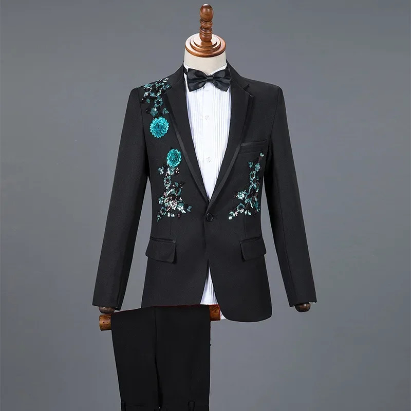 Men Wedding Suit 2 Piece Blue / Red Fashion Singer Host Dance Party Decal Dress Set Slim Male Blazer and Pant 251105