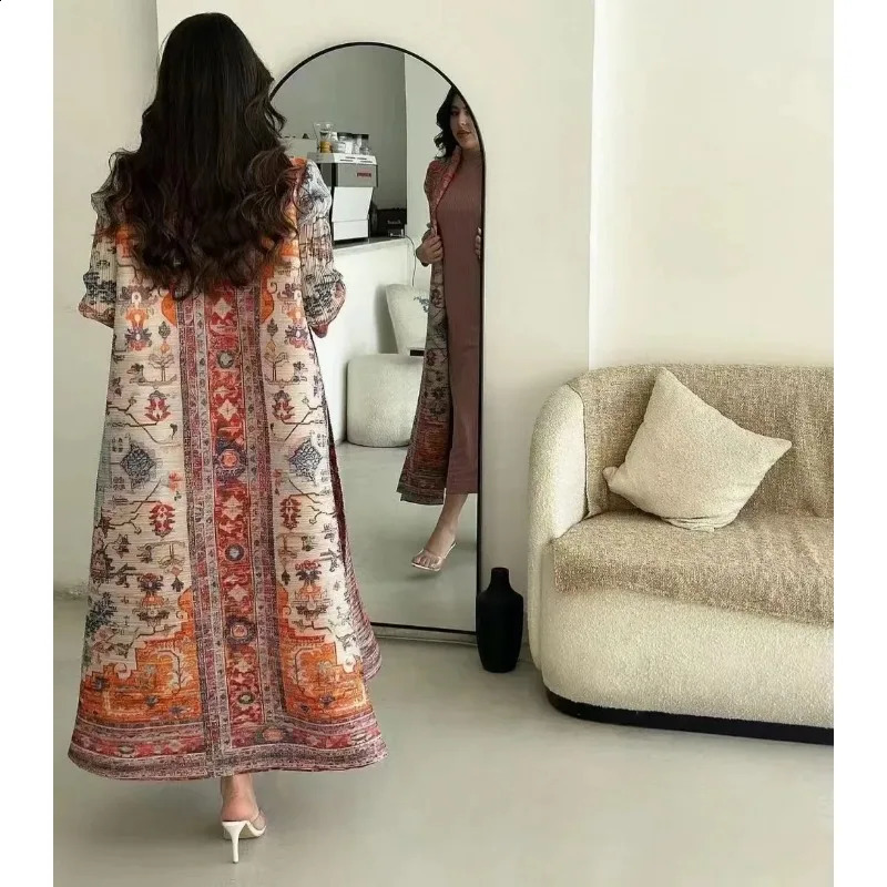 KAF Womens Abaya SpringSummer Collection Flip Collar Long Sleeve Retro Printed n Loose Large Arab y 250411