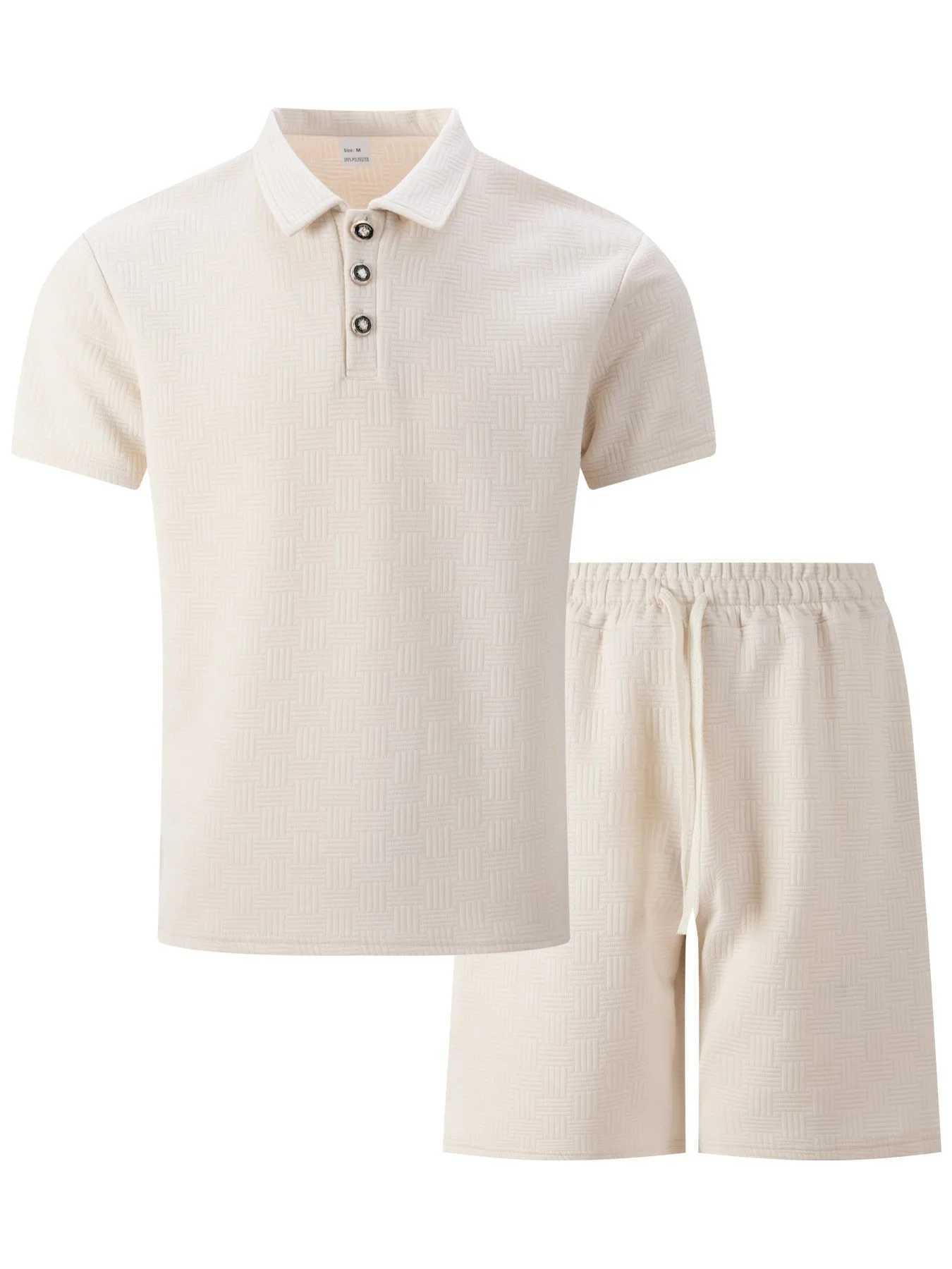Summer mens solid color lace Corduroy short sleeved lapel top jacquard polo shirt brushed shorts mens clothingXJ250412