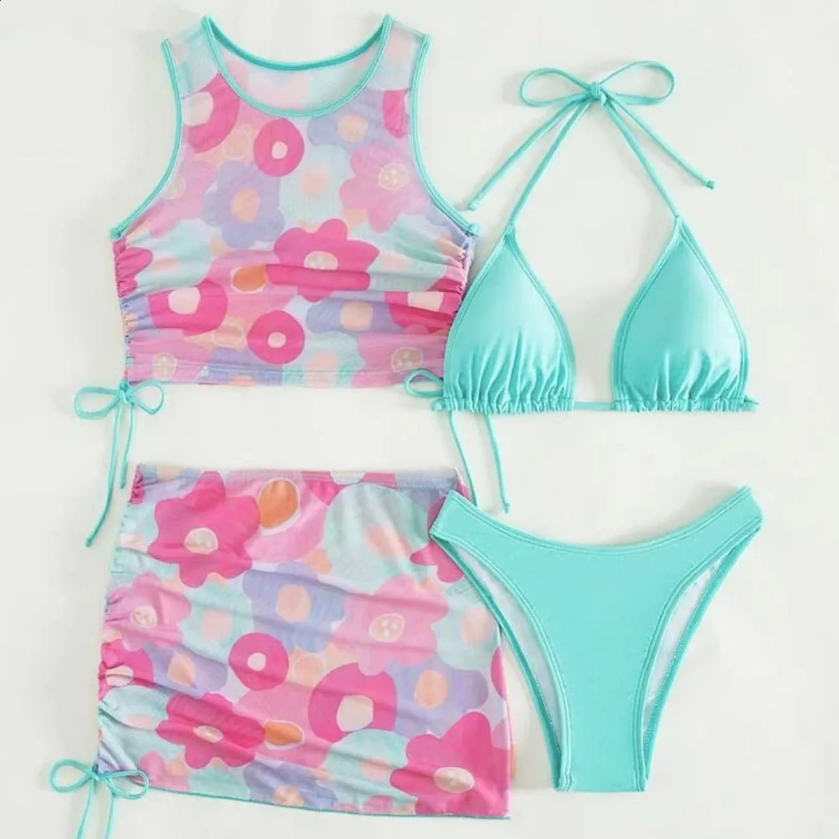 Sexy Bikini Four-piece Set Womens Printed Mesh Swimsuit 250411