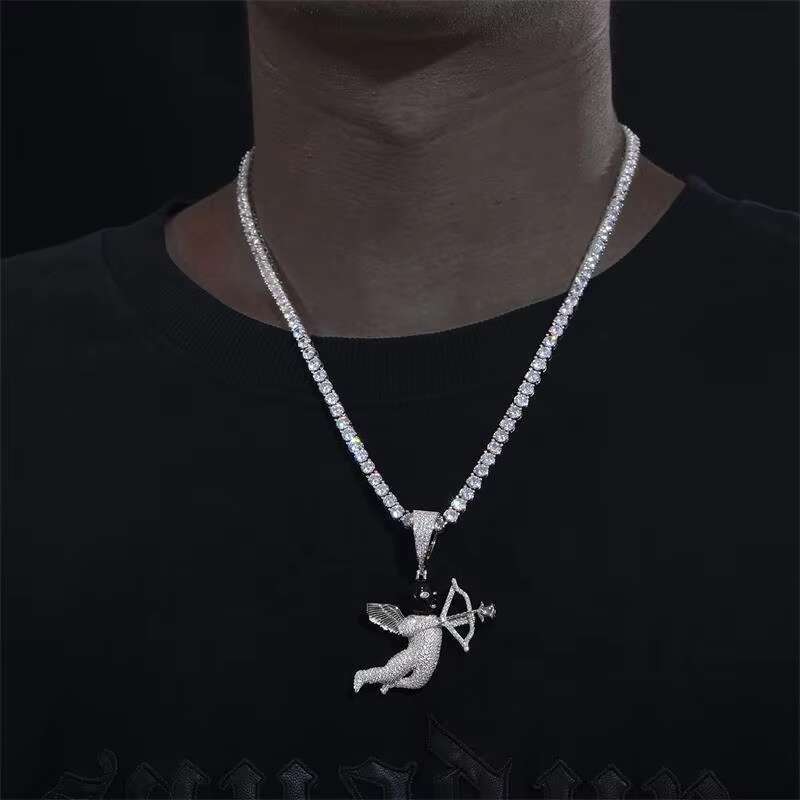 Dropshipping Bling Rappers Jewelry 925 Sterling Silver Full VVS Moissanite Angel Cupid Arrow Eros Pendant Necklace