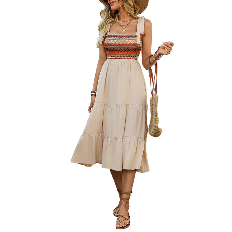 X49A-Line Stitched Suspender Skirt - Ethnic Style Dress Perfect for Summer in Europe & America