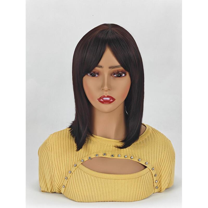 Medium-length straight hair fully hined 14 inches heat-resistant fiber high temperature silk dyeable and permable bangs synthetic wig Short Bob for en