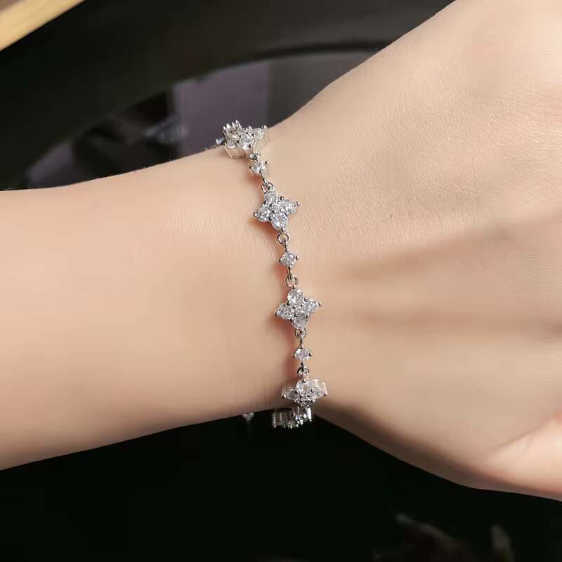 Adodo Factory Womens S925 Sterling Silver Moissanite Adjustable Bracelet with Four-leaf Clover Elegant Bangle Jewelry