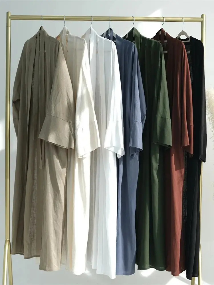 Eid al Fitr Summer Cotton Linen Kimono Coat Dubai Open Abaya Muslim Womens Set Retro Kaftan Humble Dress Islamic Clothing Ka 250411