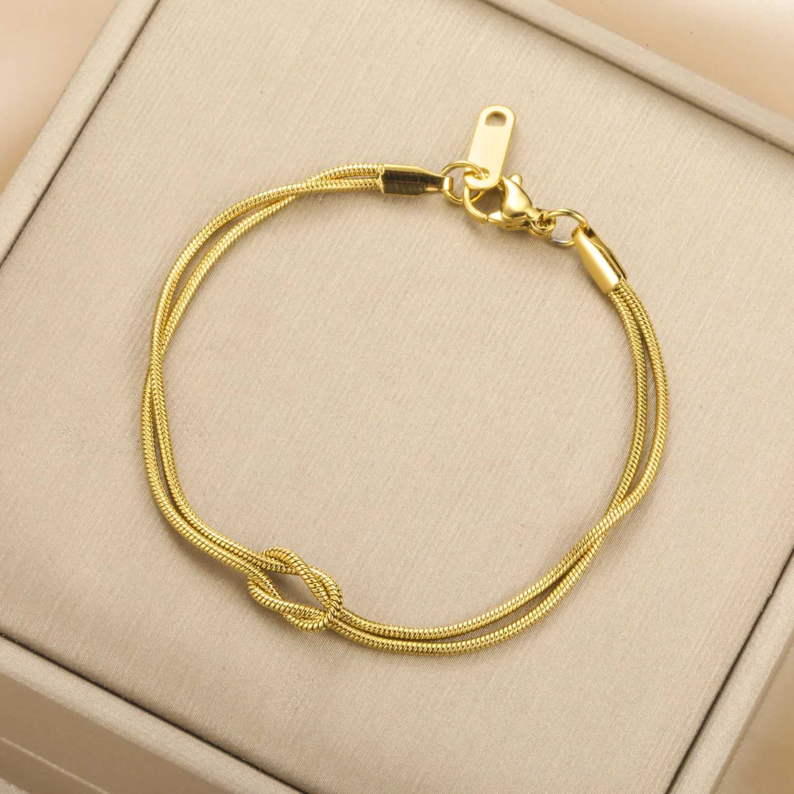 Skyrim Double Snake Chain Love Knot Bracelet Stainless Steel Gold Color Adjustable Bracelets Women Men Couple Minimalist JewelryC250411