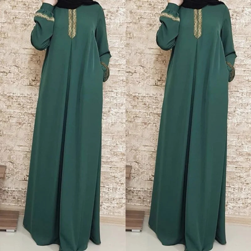Muslim Abaya ethnic style printing Islamic dress solid color loose casual robe Middle Eastern Arab 250411