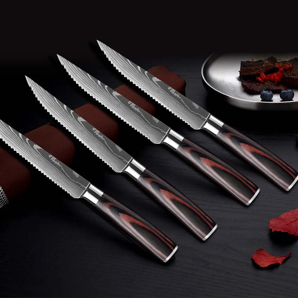 3/6/8 Pcs Steak Knives Set Damascus Stainless Steel Cleaver Slicing Knife Wood Handle Outdoor BBQ Picnic Meat Cutter 250410