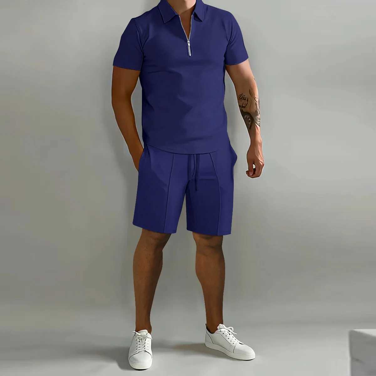 Summer new mens fashion trend fitness sports loose short sleeved shorts mens casual solid color polo shirtXJ250412