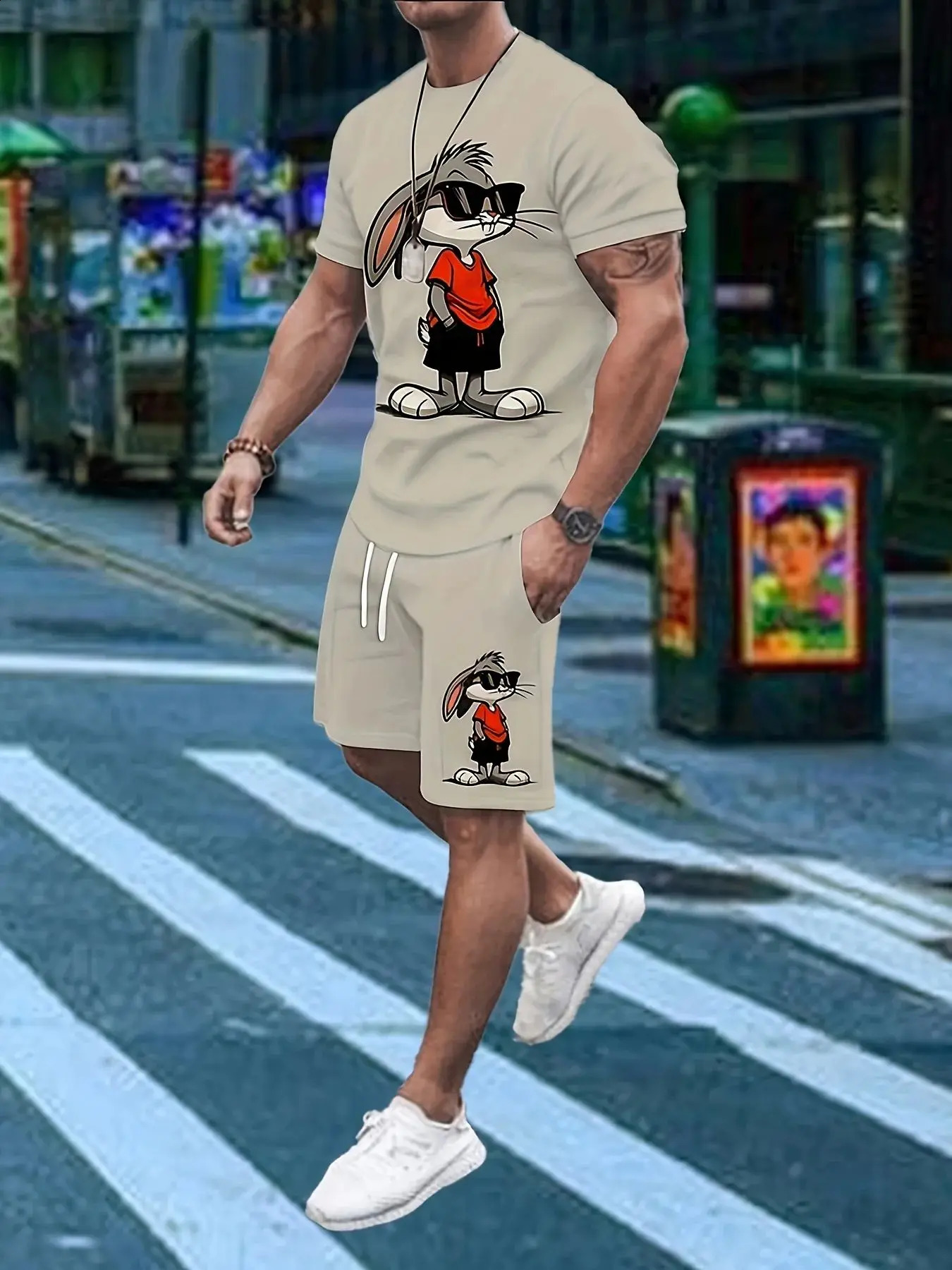 2025 2-piece set of 3D cartoon rabbit print mens T-shirt shorts set summer casual daily short sleeved top outdoor street sports 250407