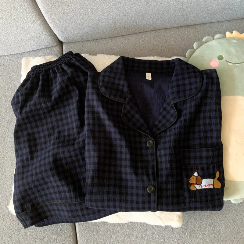 Embroidery Dog Sweet Fashion Cute Pajamas Set for Women Plaid Lapel Neck Elastic Waist n Pajamas Short Casual Nightwear 250411