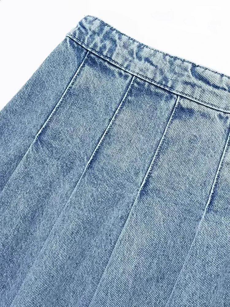 TRZA Women Fashion Wide Pleated Denim Mini Skirt Vintage High Waist Side Zipper Female Skirts Mujer 250407