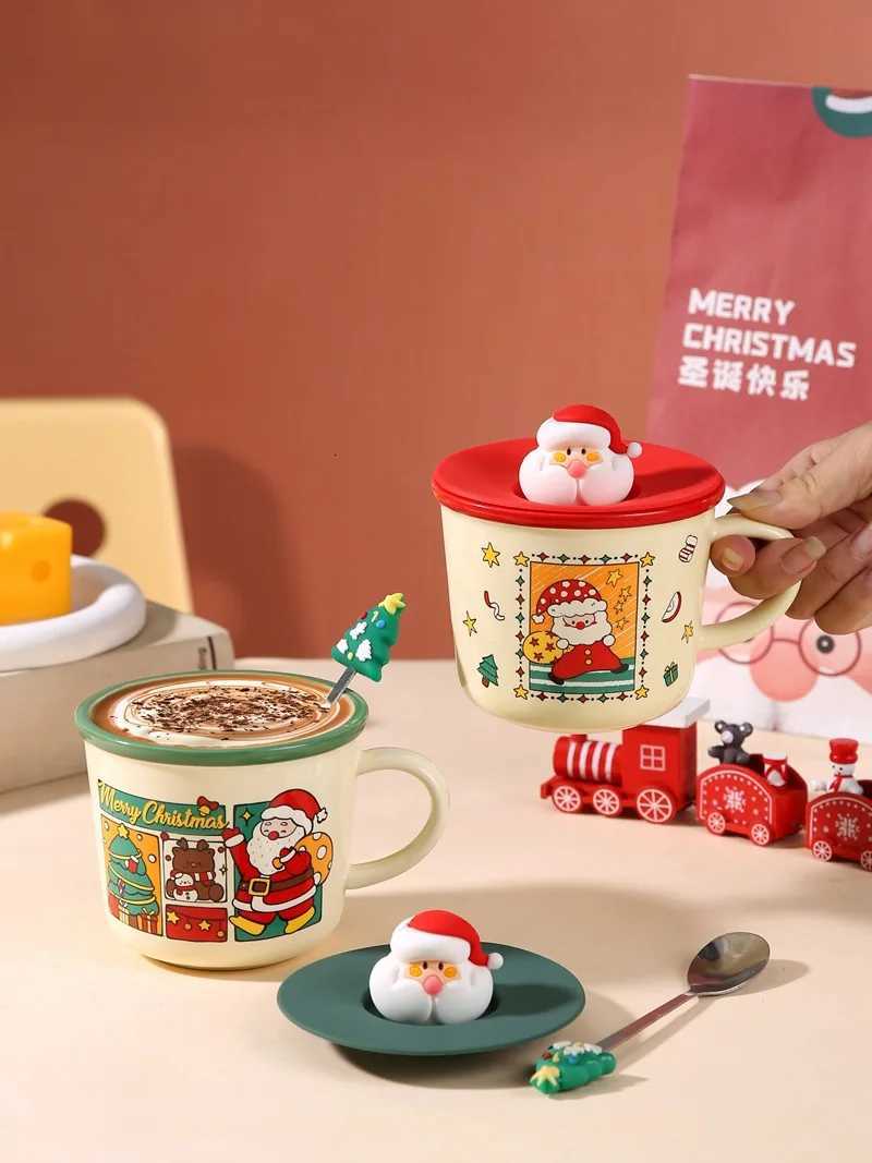 Christmas Festive Christmas Themed Ceramic Coffee Mug with Lid Spoon Holiday Gift Box Cartoon Design New Year Souvenir Y251112
