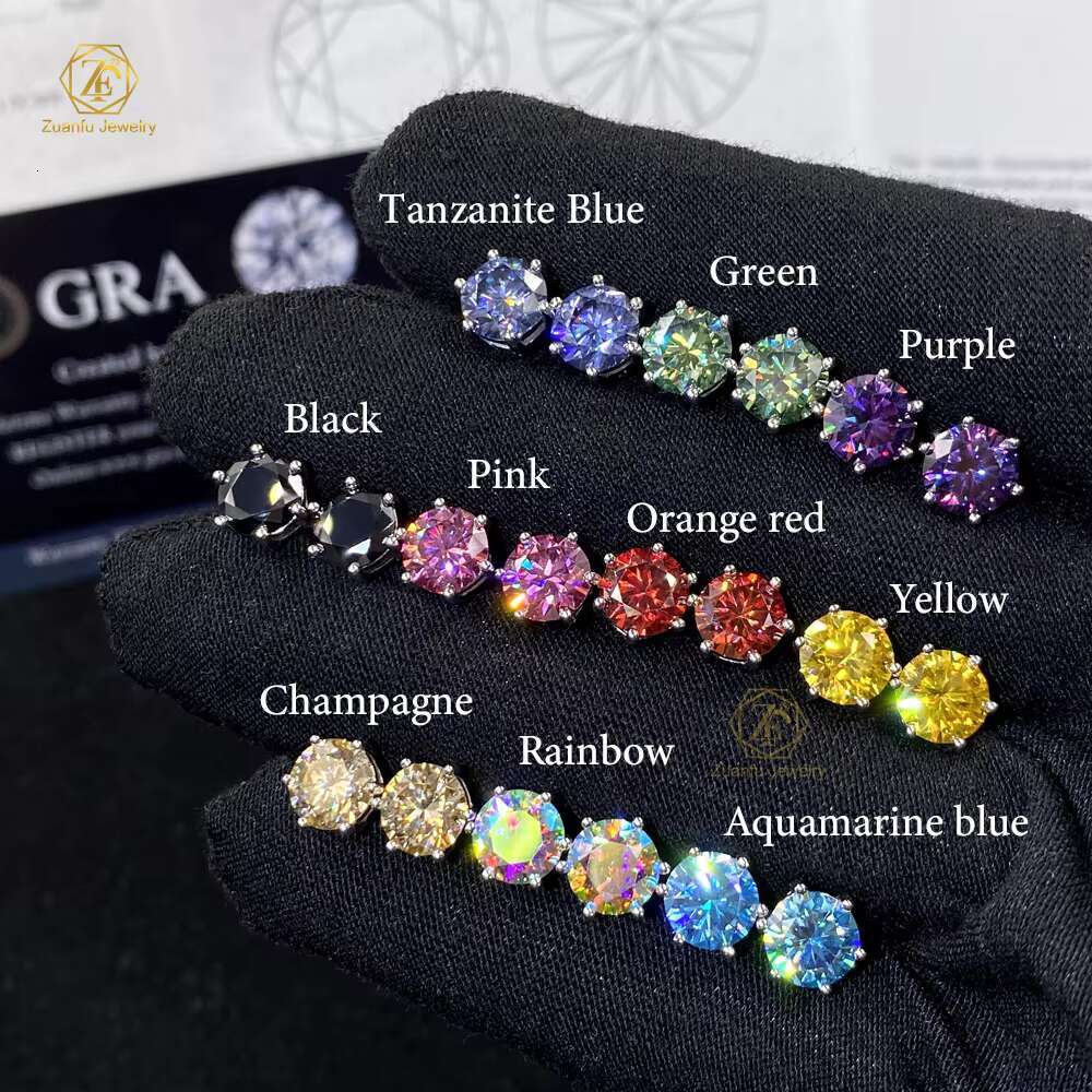 Gold Plated 6.5mm Moissanite Stud Earrings Blue Green Pink 6-Prong Push Back Design Cute Style for Anniversary Occasions