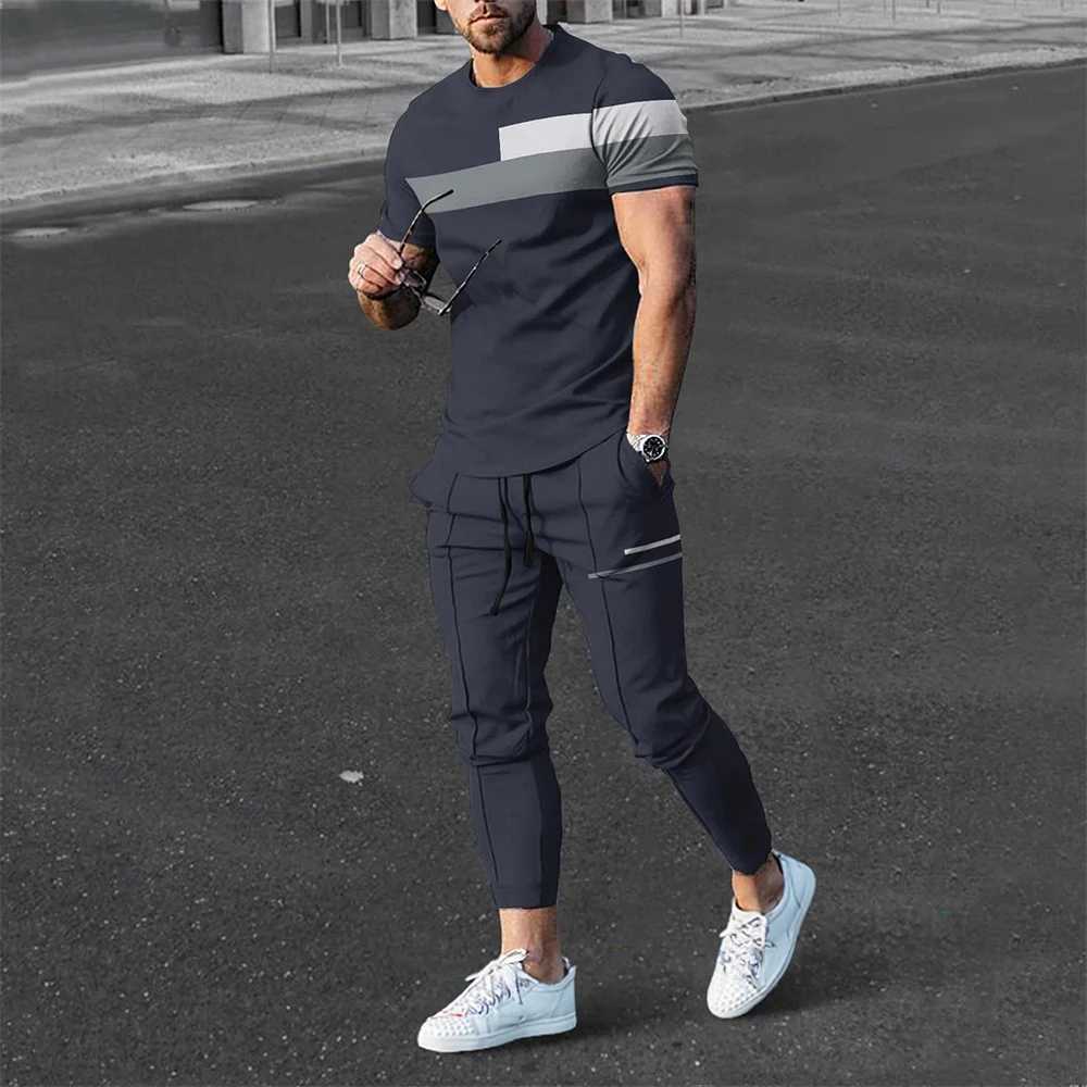 Mens T-shirt track set 2-piece short sleeved sportswear set fashionable mens clothing mens casual O-neck top pants setXJ250412