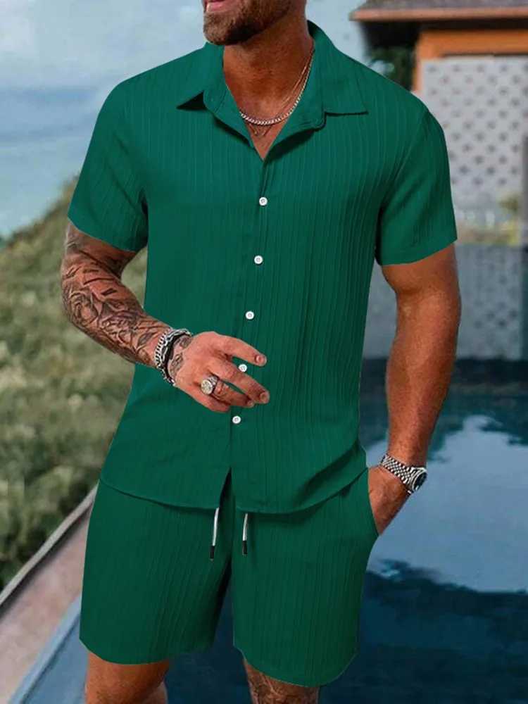 Spring and summer new mens sports polo casual solid color loose short sleeved drawstring shorts cardigan striped sportswearXJ250412