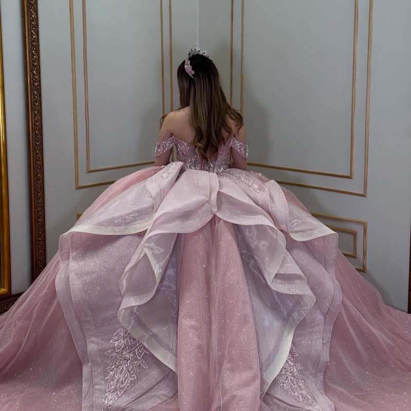 Pink Shiny Quinceanera Dresses Off Shoulder Ball Gown Sweet 16 Dress Sequin Applique Beads Tull Birthday Party Vestidos 15 De Anos