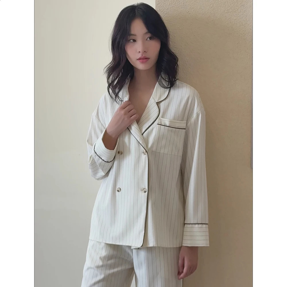 Musebree Womens Light Simple Lapel White Pajama Set Ladies s Striped Sleepwear Spring Nightwear Women Loungewear Set 250411