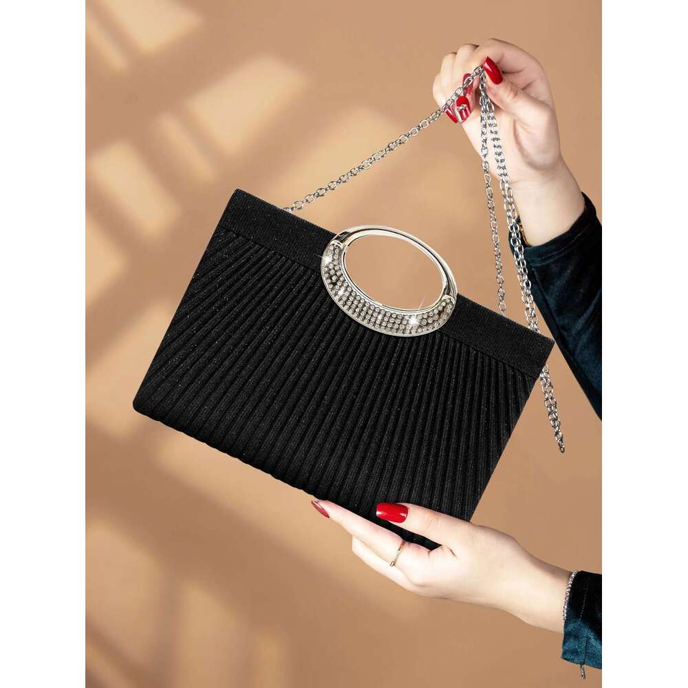 Fashionable Chinese minimalist style pleated evening dress exquisite and romantic metal chain party clutch bag, music festi
