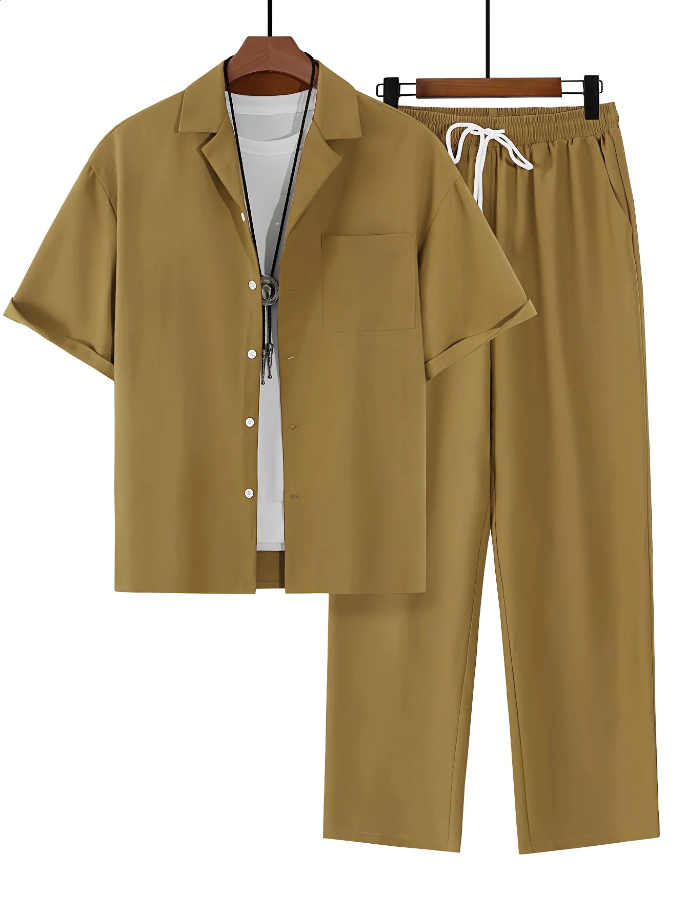 Mens suit collar short sleeved shirtloose straight leg pants set 250411