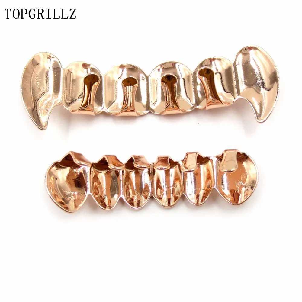TOPGRILLZ New Color Rose Gold Plated Hip Hop Teeth Grill Hat Top and Bottom Grill Set Christmas Party Vampire Teeth Grill W250412
