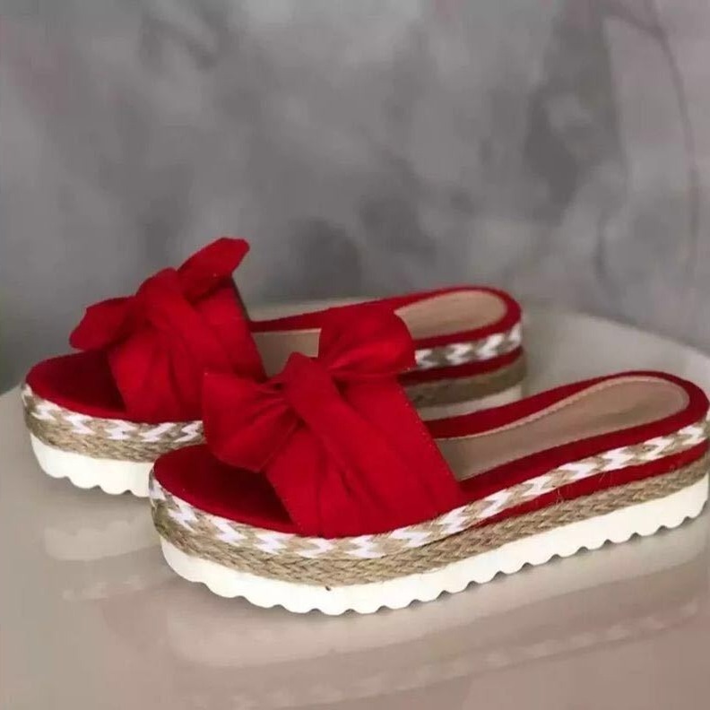 Large size shoes, straight line sandals, outerwear, summer slope heel bow slippers, women's beach sandals