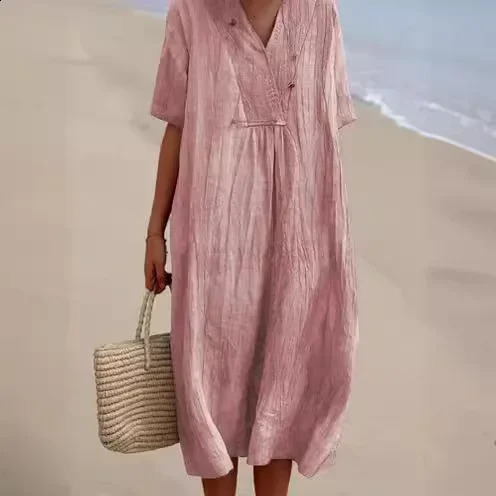 V-neck Short Sleeve Dress Solid Cotton Linen Denim Dress for Women Spring /summer Loose Korean Style Big Size Summer Dresses 250411