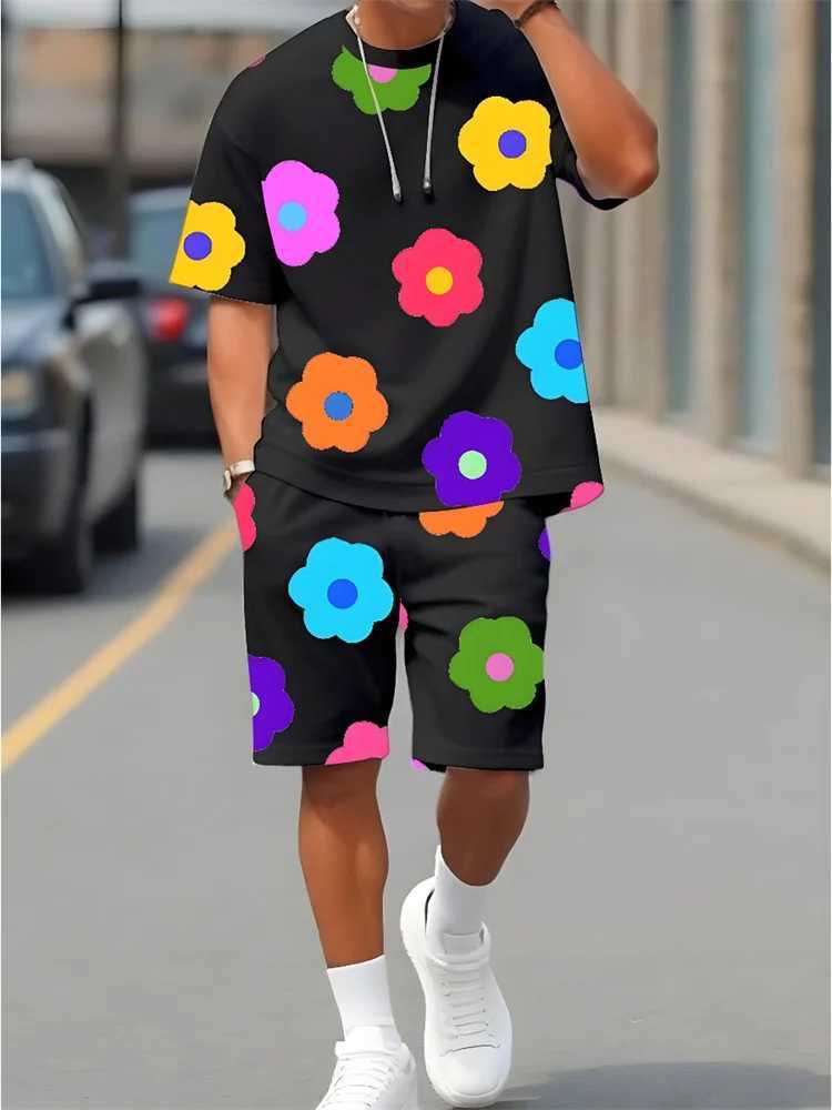 Mens summer short sleeved set with floral print round neck T-shirt set street breathable T-shirt set drawstring shorts setXJ250412