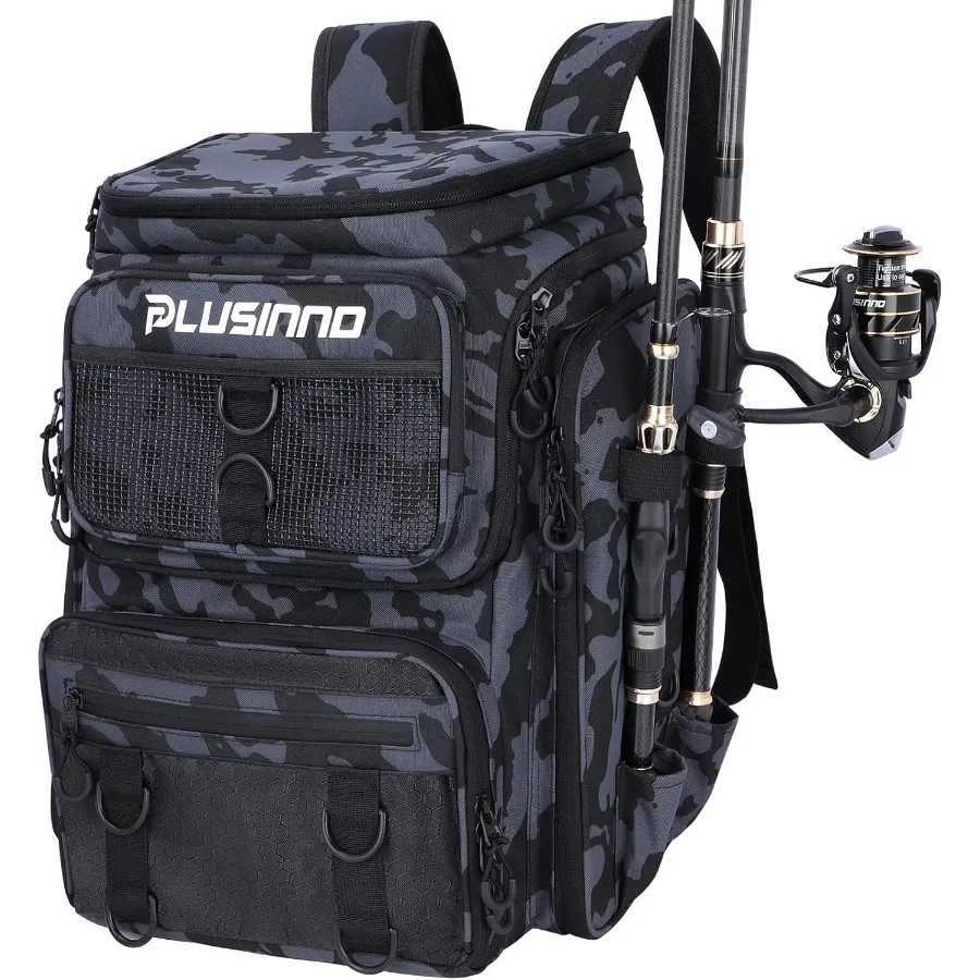 PLUSINNO Fishing Backpack with Rod Holders 42L Large Water-Resistant Fishing Tackle Bag Store Fishing Gear for Fishing Camping Z250411