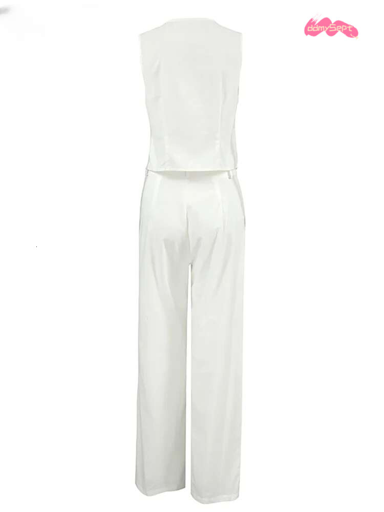 White Elegant Cotton Sets Two Pieces Women en Blazers Tops And Wide Legs Pants Summer 2024 Office Ladies ddmySept