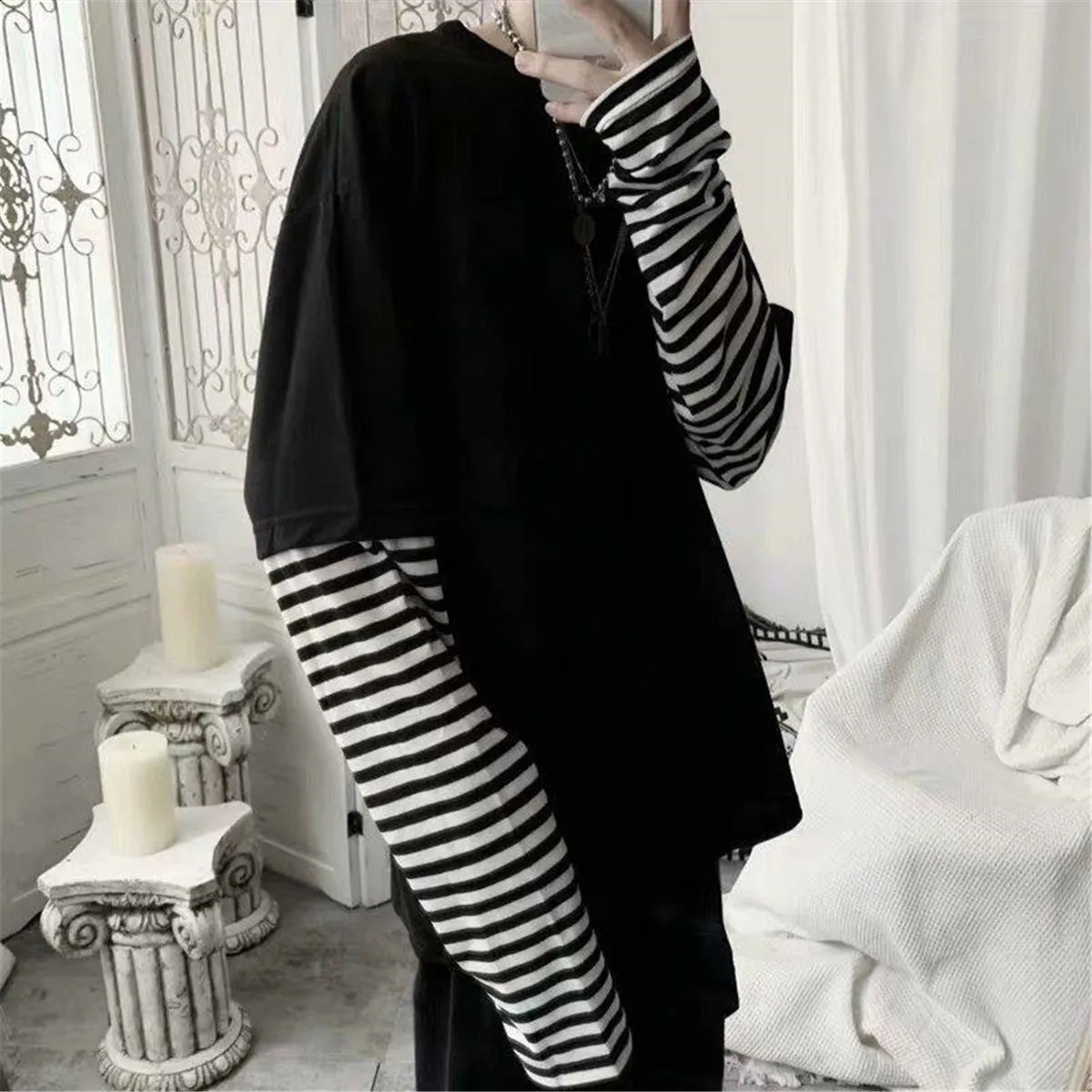 Cool Striped Patchwork T-Shirt Men Autumn Oversize Tops s Solid Long Sleeve T Shirt Fashion Japanese Gothic Japan T Shirt 250411
