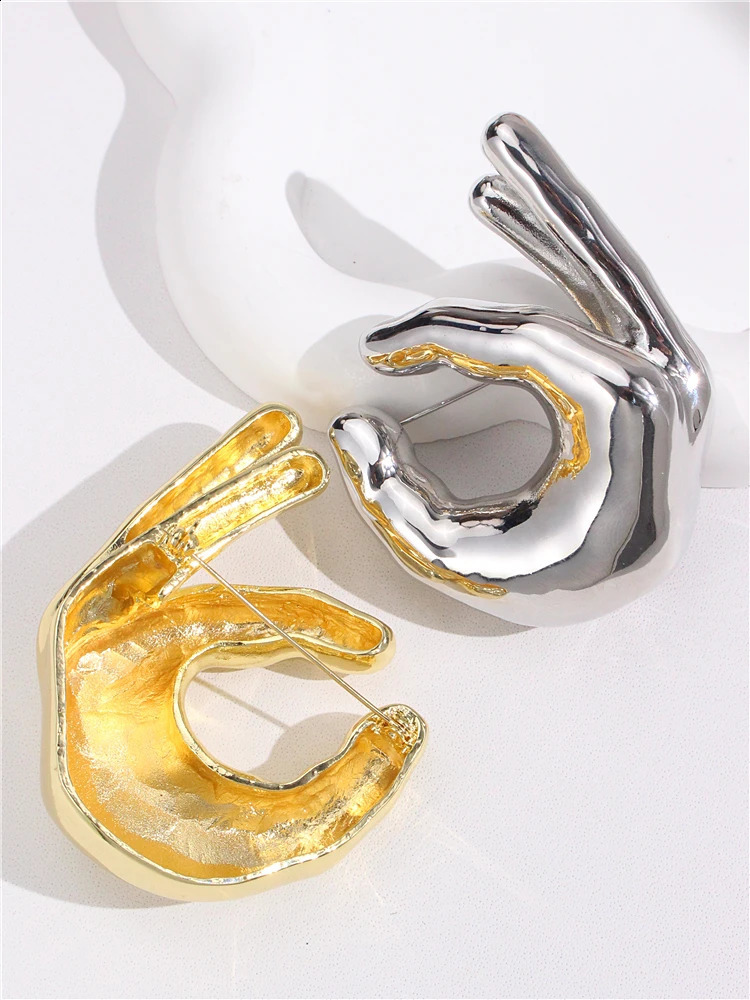 HUANQI Glossy Metal OK Gesture Hand drawn Palm Chest Suitable for Girls Competition Set Shawl Pin Creative Accessories 250407