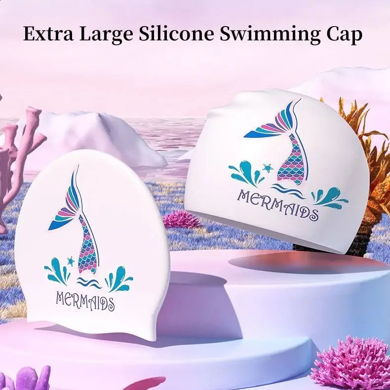 Swimming Cap Female Waterproof Elasticity Not Strangle Head Long Hair Large Ear Protection Adult Printed Silicone Fish Mermaid 250411