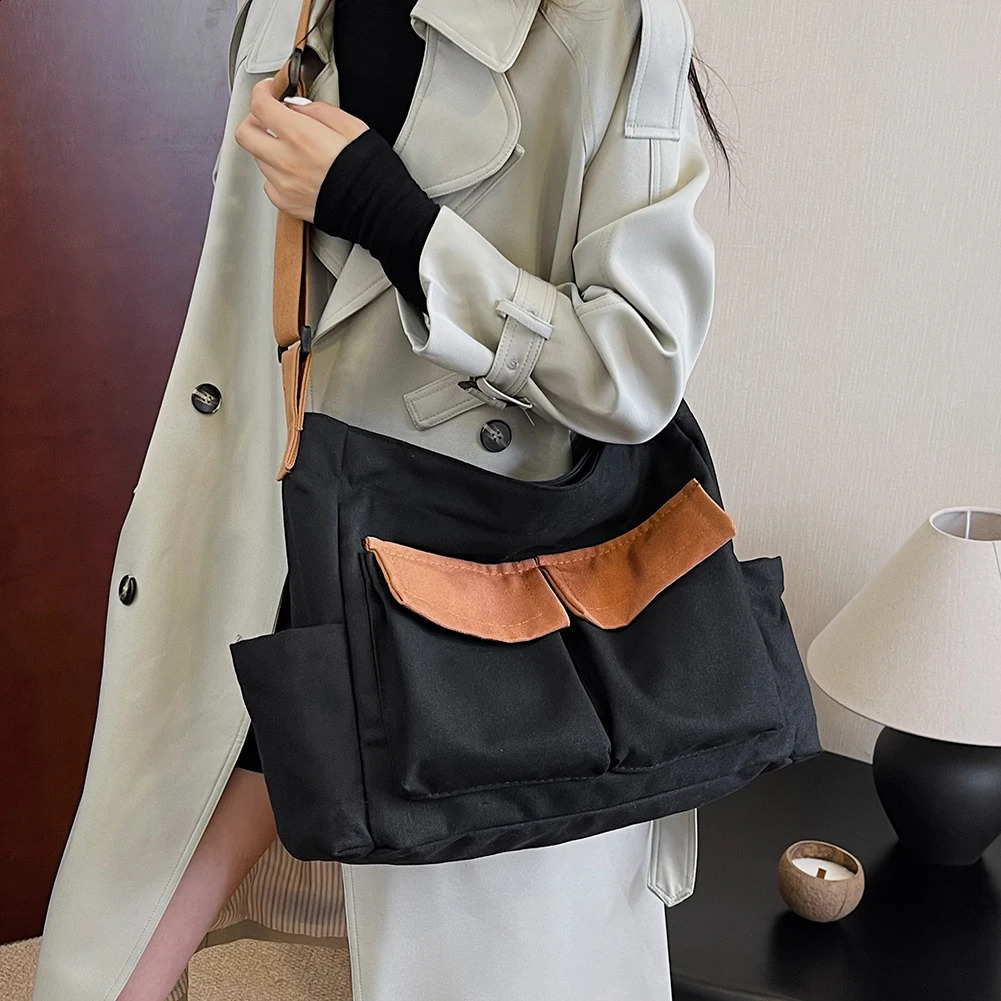 Womens retro canvas large capacity shoulder bag womens casual solid color handbag simple messenger bag 250411