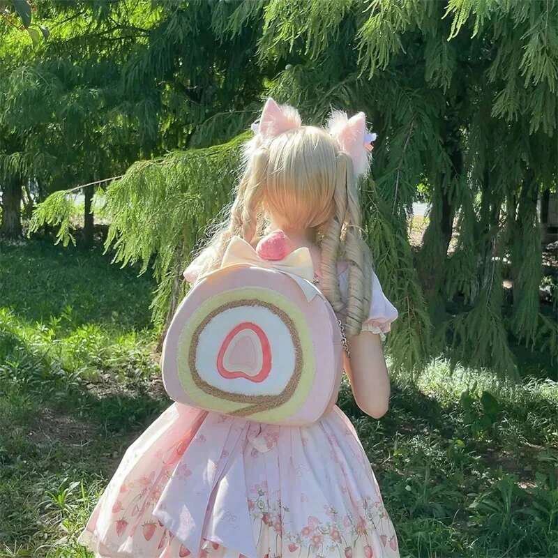 New Cute Lolita Cake Roll Bags Women Sweet Kawaii Pink Bag For Girl Christmas Gift Strawberry Travel Backpack