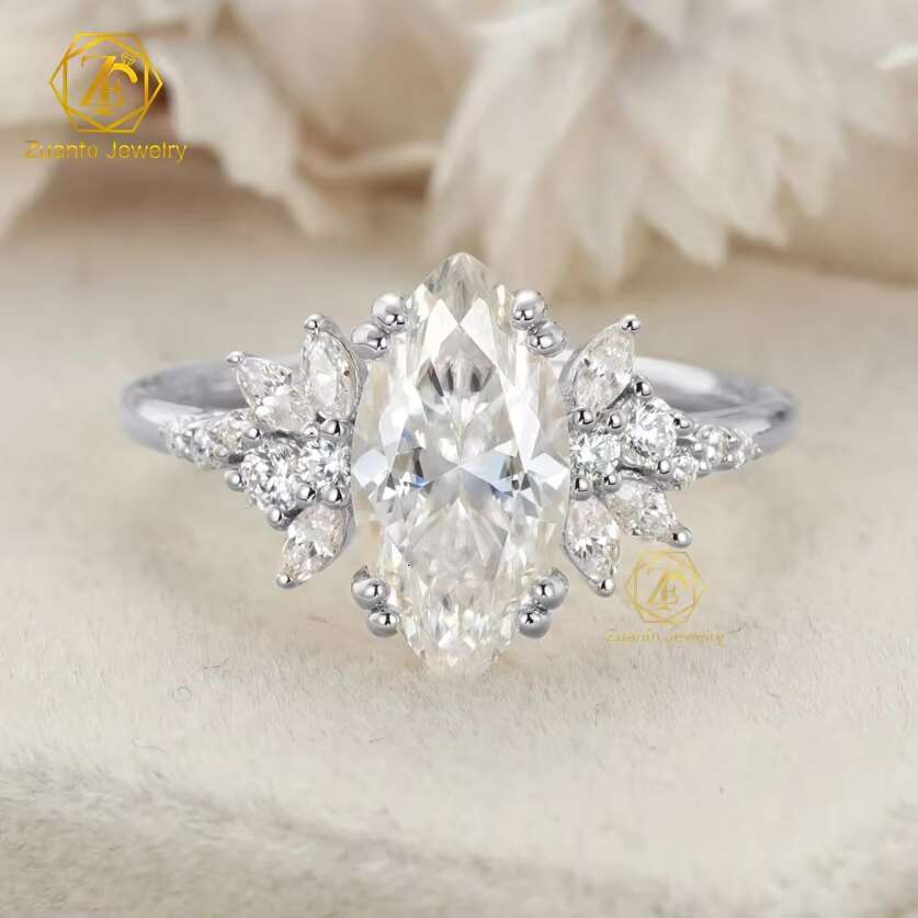 GRA Certificated 14K 18K Gold 2CT Halo Marquise VVS Moissanite Diamond Ring Custom Women Fine Engagement Wedding Rings