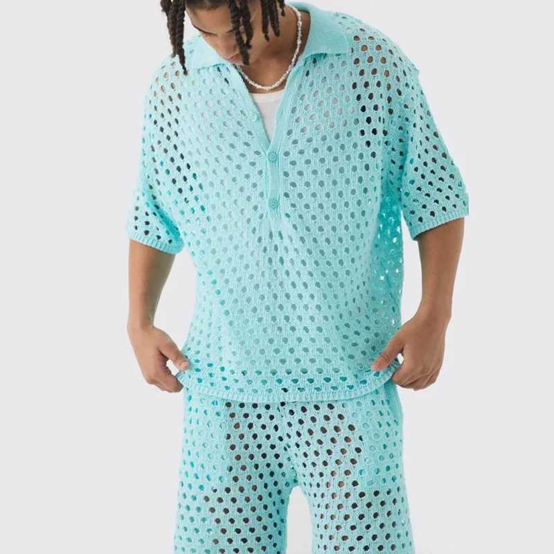 New Summer Casual Fashion Mens Hole Short sleeved T-shirt Set Beach Vacation Breathable Quick drying Commuter 2-piece SetXJ250412