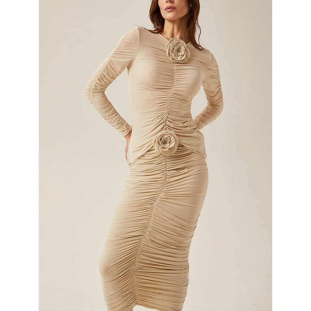 TWOTWINSTYLE Spliced Appliques Two Piece Set For Women Round Collar Long Sleeves Top High Waist Skirt Slimming Sets Female New