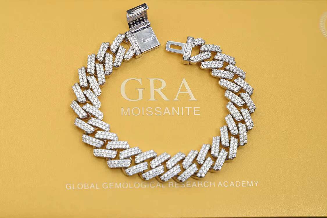 Yu Ying Gold Plated 13mm Wide Iced Out Moissanite Diamonds 2 Rows Cuban Link Chain Bracelet S925 Sterling Silver Jewelry