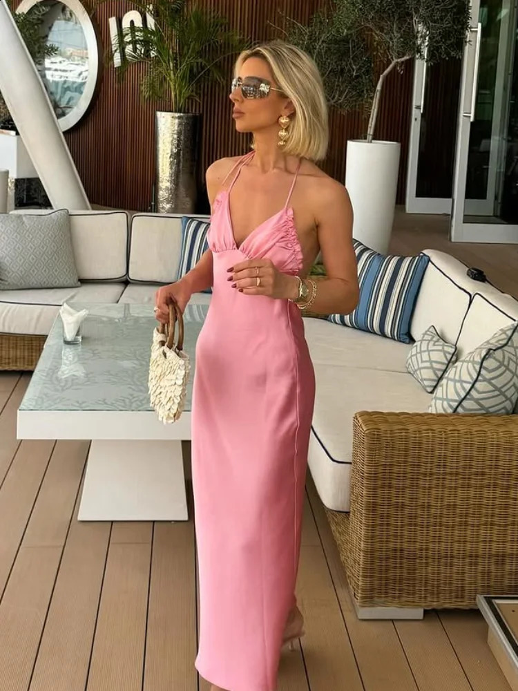 Womens pink satin camisole Maxi dress fashionable sleeveless backless high waisted slim fit long dress womens evening gown 250408