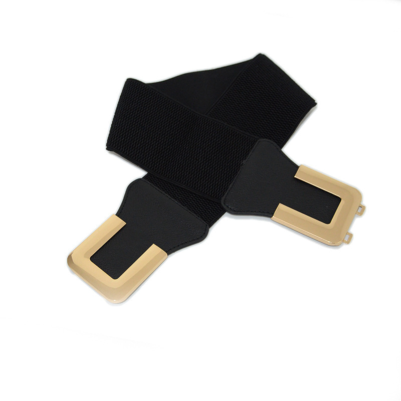 Fashionable minimalist women's black elastic wide waistband with gold buckle decorative skirt, coat, versatile and slim fit waist seal