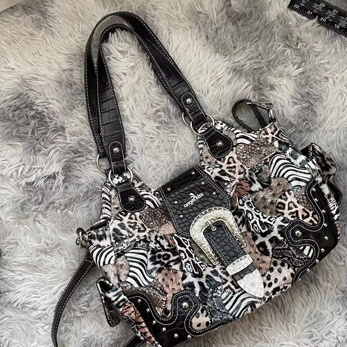 Angelkiss Women Handbag Ing Leopard Top-Handle Bag PU Dumpg Multi-Pockets Shoulder Bags Phone Money Pack