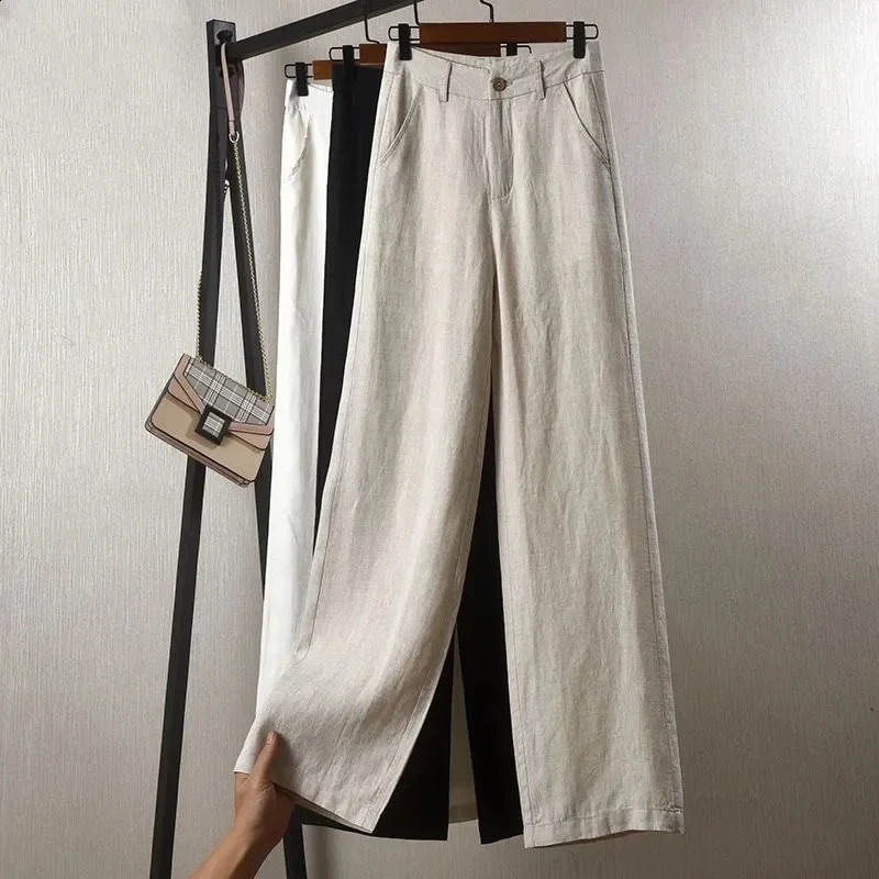 Fashion Cotton Linen Pants Women Elegant High Waist White Wide Leg Trouser Woman Casual Baggy Straight Streetwear Pants 250411