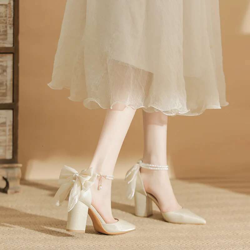 Slimming Shoes Casual Heels Shallow Mouth Sandals Ladies Pointed Pumps Hollow 2025 All-Match Comfortable Beige African Bow Toe S