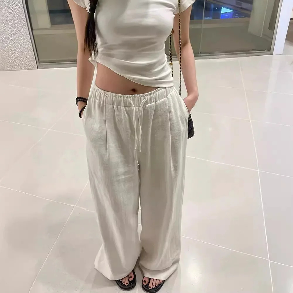 Washed White Linen Pants Loose Wide Leg Casual Thin Cotton Linen Pants Women Summer Linen Walking Pants Comfortable Loose Fit 250411