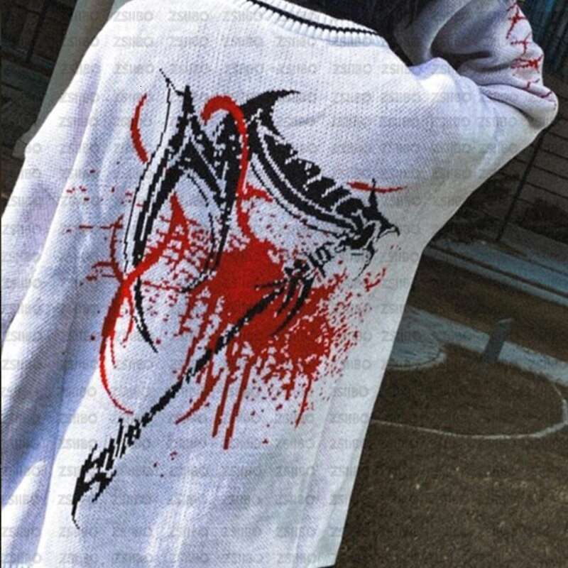 Gothic Black Cartoon Anime Jacquard Knitted Y2k Winter Warm Oversized Women's Sweater 2000S Punk Hip-Hop Streetwear