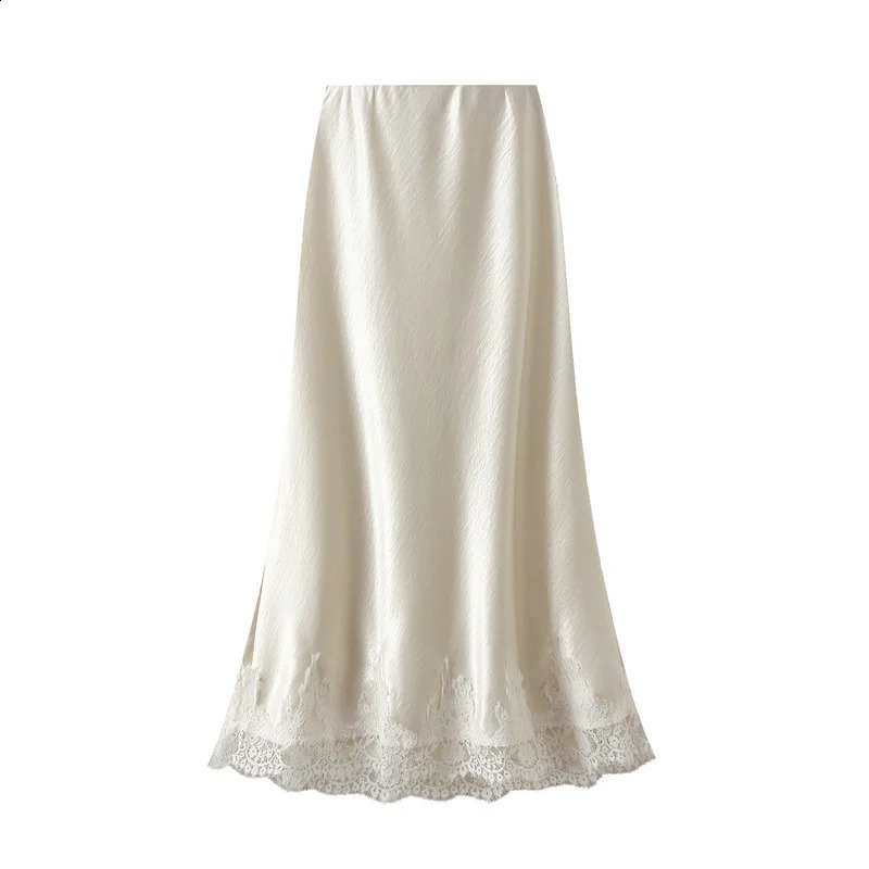 Women Lace Patchwork Satin Long Skirt 2025 Spring Summer High Waist Elegant Fashion Skirts 250411