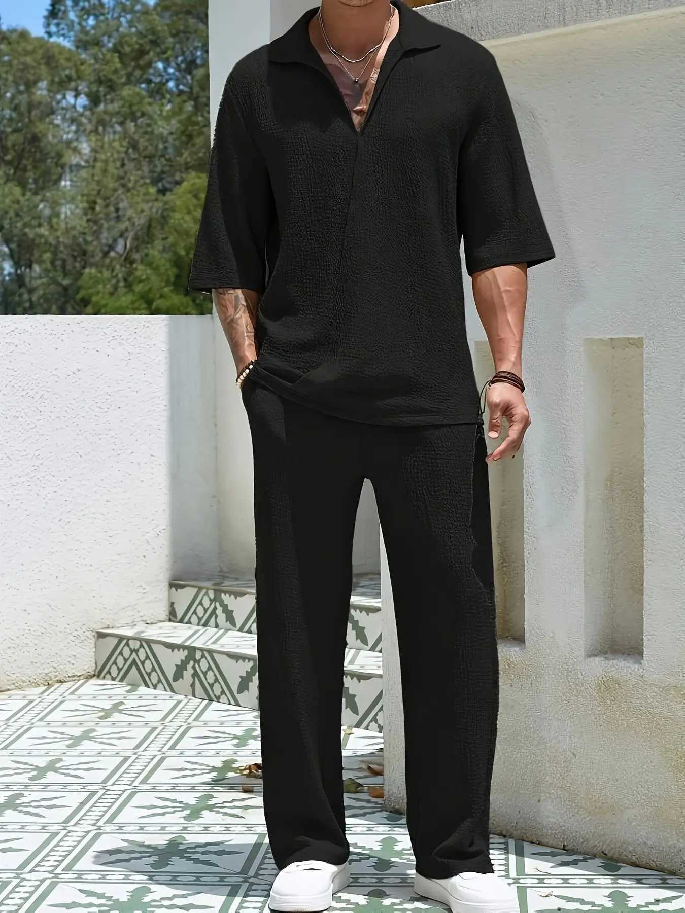 2025 European and American Mens Spring Half Sleeve Pants Solid Color V-neck DesignXJ250412